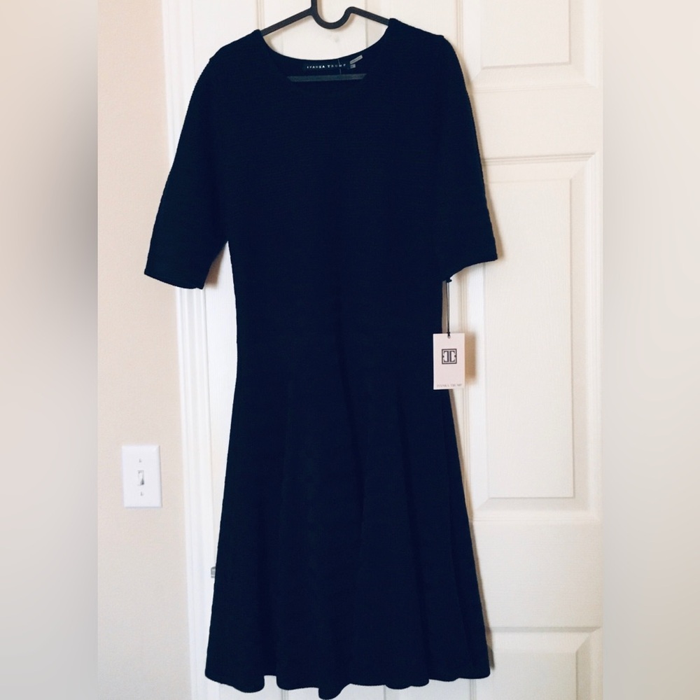 Ivanka Trump Fit & Flare Navy blue Sweater Dress Knit Dress 3/4 short Sleeves